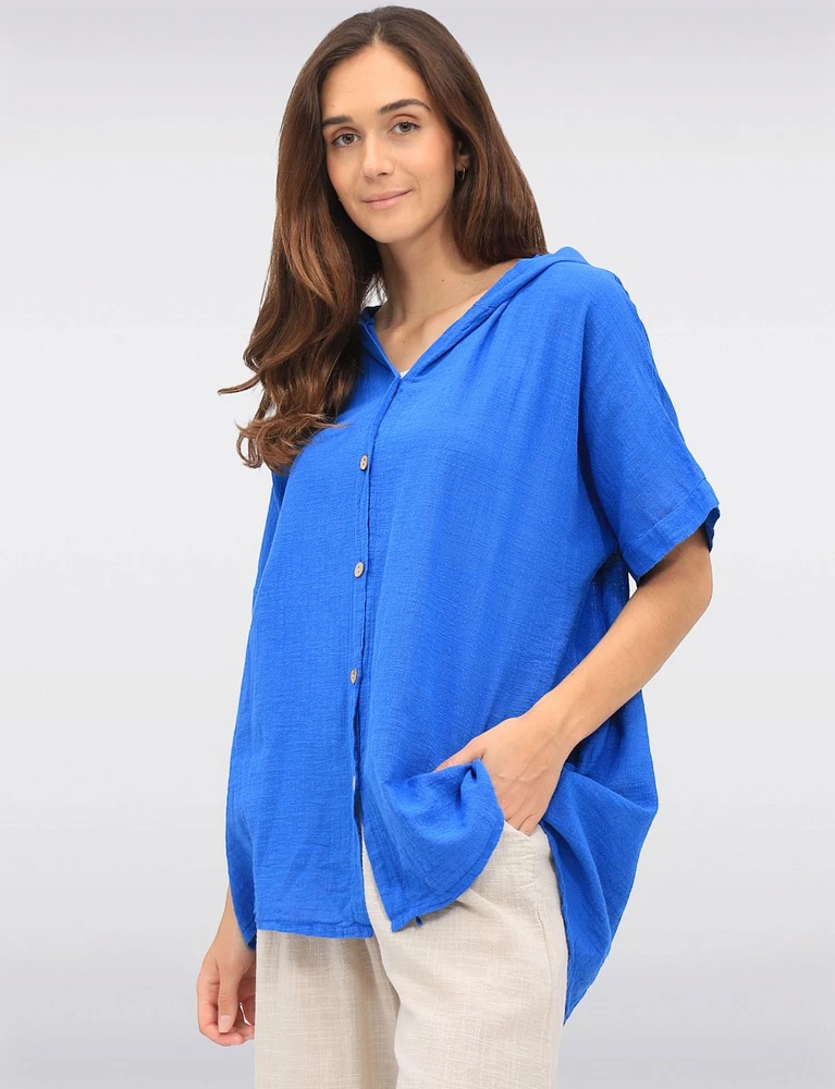 Cotton Short Sleeve Button-Front Hooded Shirt with Side Pockets by Froccella