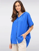 Cotton Short Sleeve Button-Front Hooded Shirt with Side Pockets by Froccella