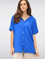 Cotton Short Sleeve Button-Front Hooded Shirt with Side Pockets by Froccella