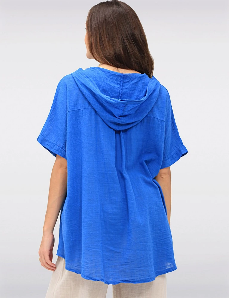 Cotton Short Sleeve Button-Front Hooded Shirt with Side Pockets by Froccella