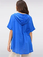 Cotton Short Sleeve Button-Front Hooded Shirt with Side Pockets by Froccella