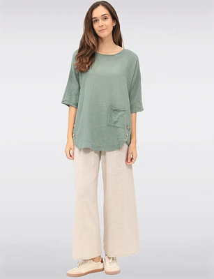 Solid Cotton Pull-On Wide-Leg Pants with Elastic Waist & Pockets by Froccella
