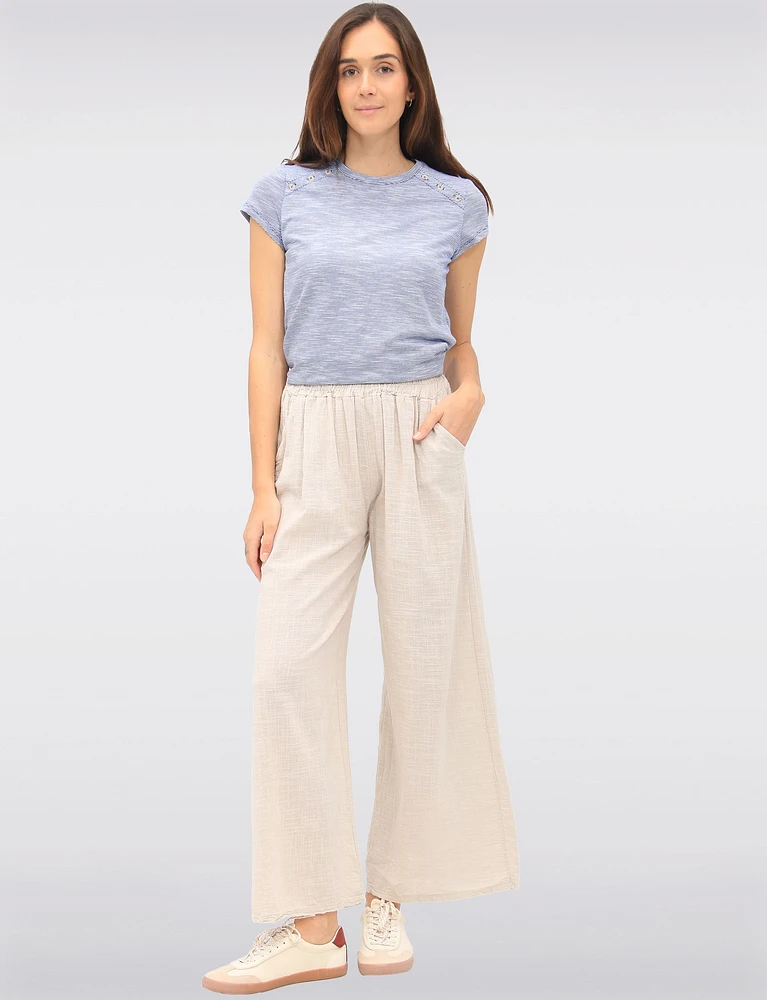 Solid Cotton Pull-On Wide-Leg Pants with Elastic Waist & Pockets by Froccella