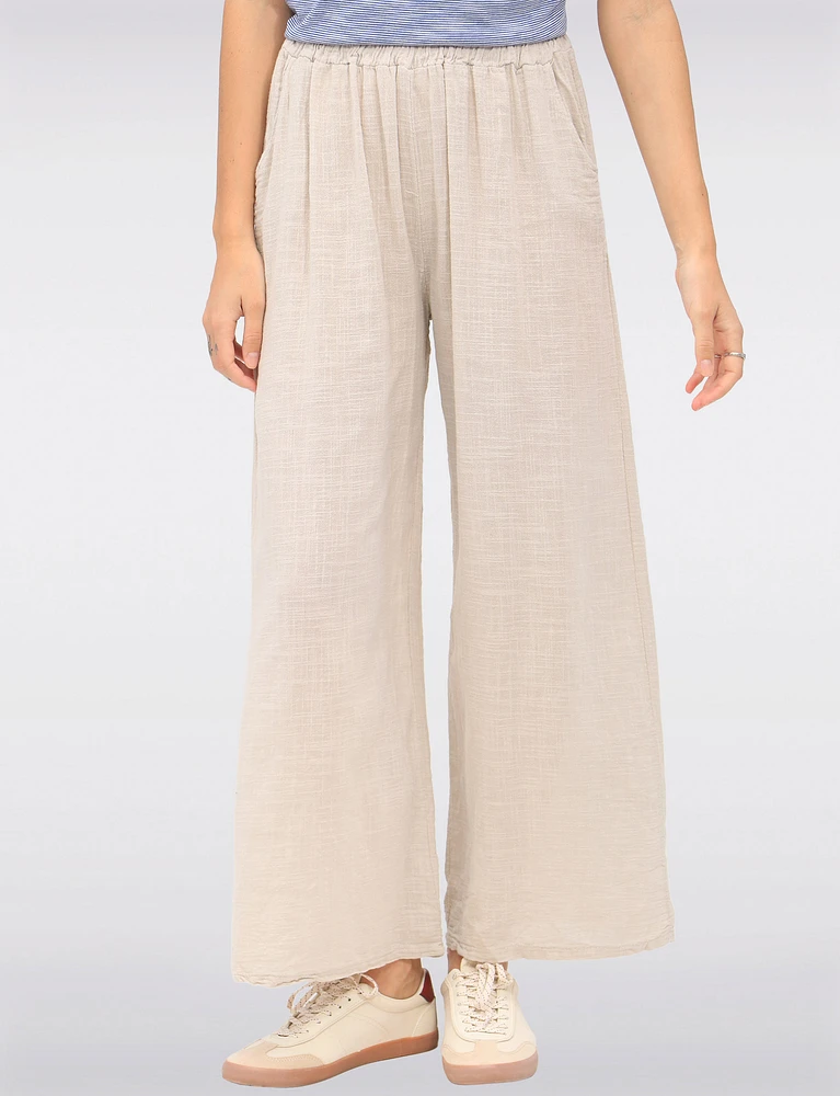 Solid Cotton Pull-On Wide-Leg Pants with Elastic Waist & Pockets by Froccella