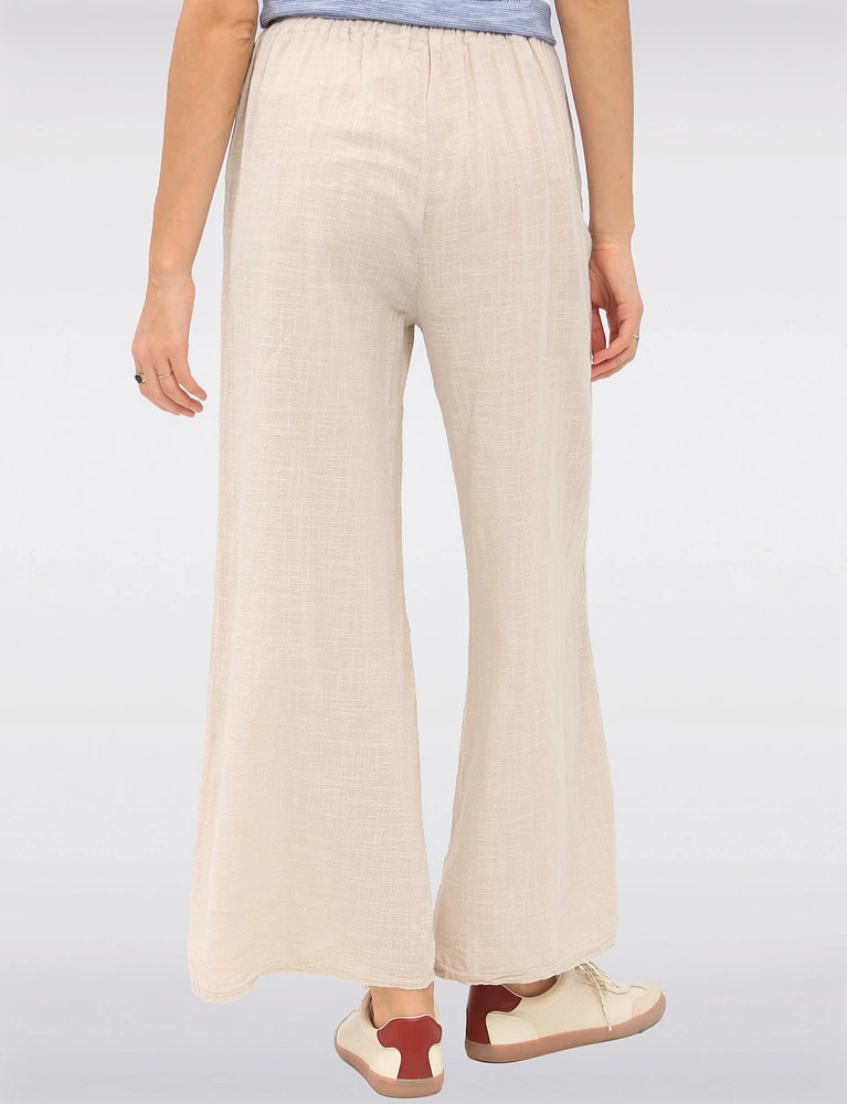 Solid Cotton Pull-On Wide-Leg Pants with Elastic Waist & Pockets by Froccella