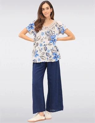 Floral Crochet Round Neck Tie Detail Short Sleeve Blouse by Froccella