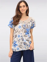 Floral Crochet Round Neck Tie Detail Short Sleeve Blouse by Froccella