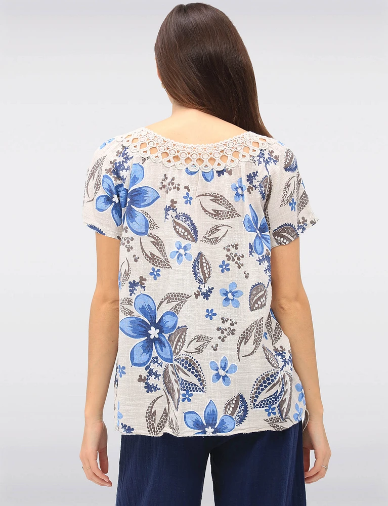 Floral Crochet Round Neck Tie Detail Short Sleeve Blouse by Froccella