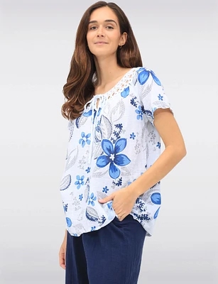 Floral Crochet Round Neck Tie Detail Short Sleeve Blouse by Froccella