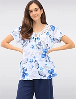 Floral Crochet Round Neck Tie Detail Short Sleeve Blouse by Froccella