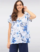 Floral Crochet Round Neck Tie Detail Short Sleeve Blouse by Froccella