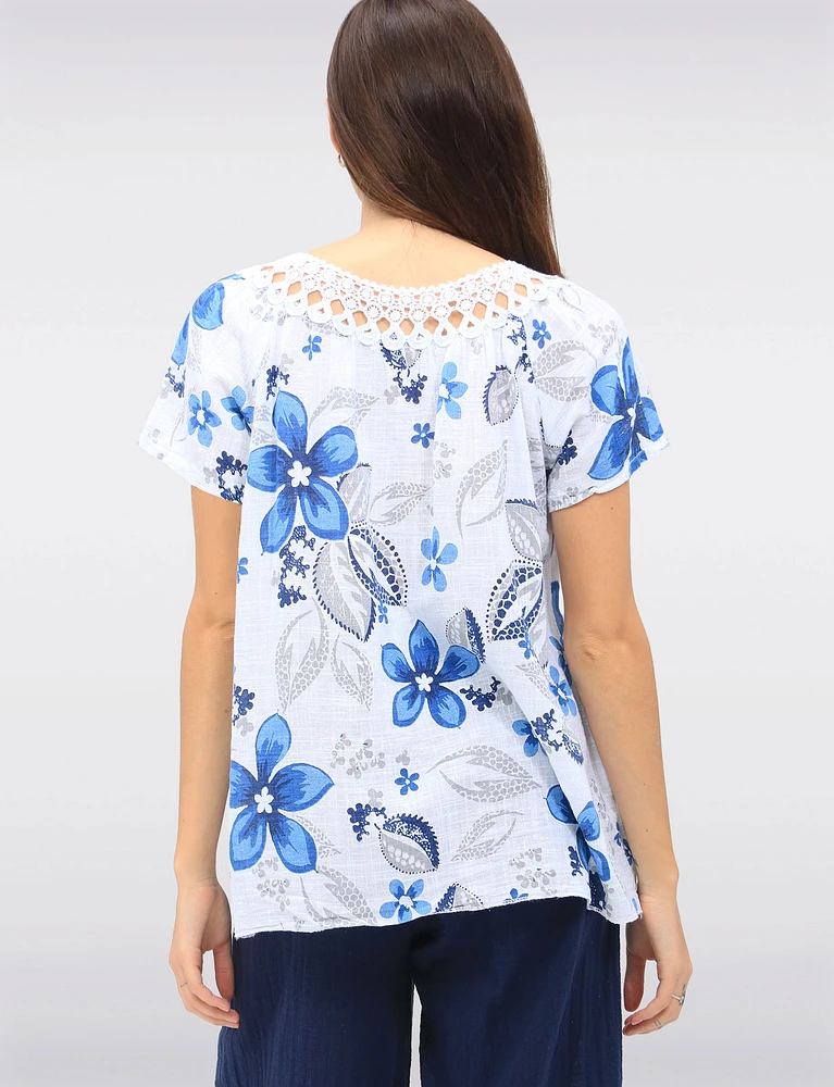 Floral Crochet Round Neck Tie Detail Short Sleeve Blouse by Froccella