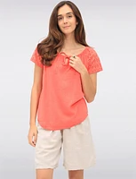 Solid Cotton Eyelet Sleeve Keyhole Neckline & Crochet Accents Top by Froccella