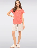 Solid Cotton Eyelet Sleeve Keyhole Neckline & Crochet Accents Top by Froccella