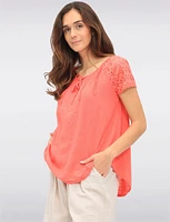 Solid Cotton Eyelet Sleeve Keyhole Neckline & Crochet Accents Top by Froccella