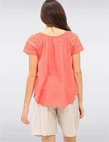 Solid Cotton Eyelet Sleeve Keyhole Neckline & Crochet Accents Top by Froccella