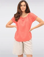 Solid Cotton Eyelet Sleeve Keyhole Neckline & Crochet Accents Top by Froccella