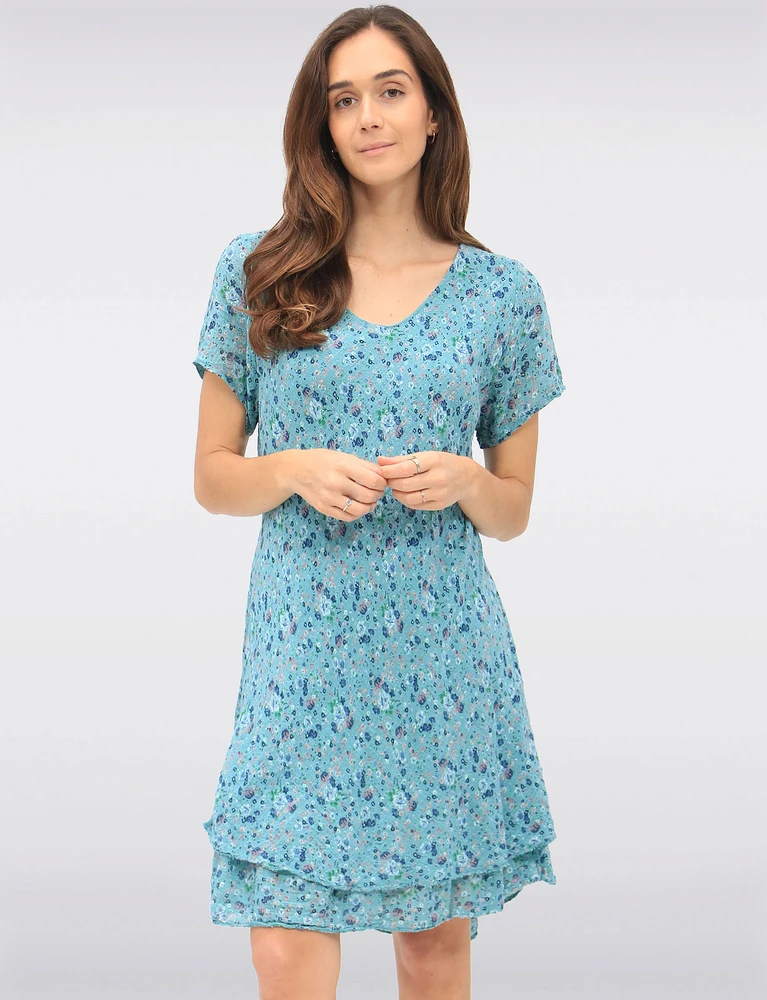 Slim Fit Two-Tiered Short Sleeve Floral Print V-neck Crinkled Dress By Froccella