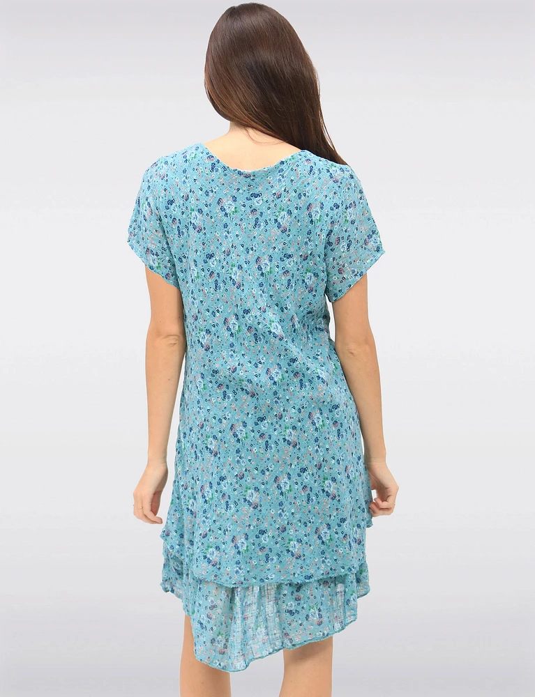Slim Fit Two-Tiered Short Sleeve Floral Print V-neck Crinkled Dress By Froccella