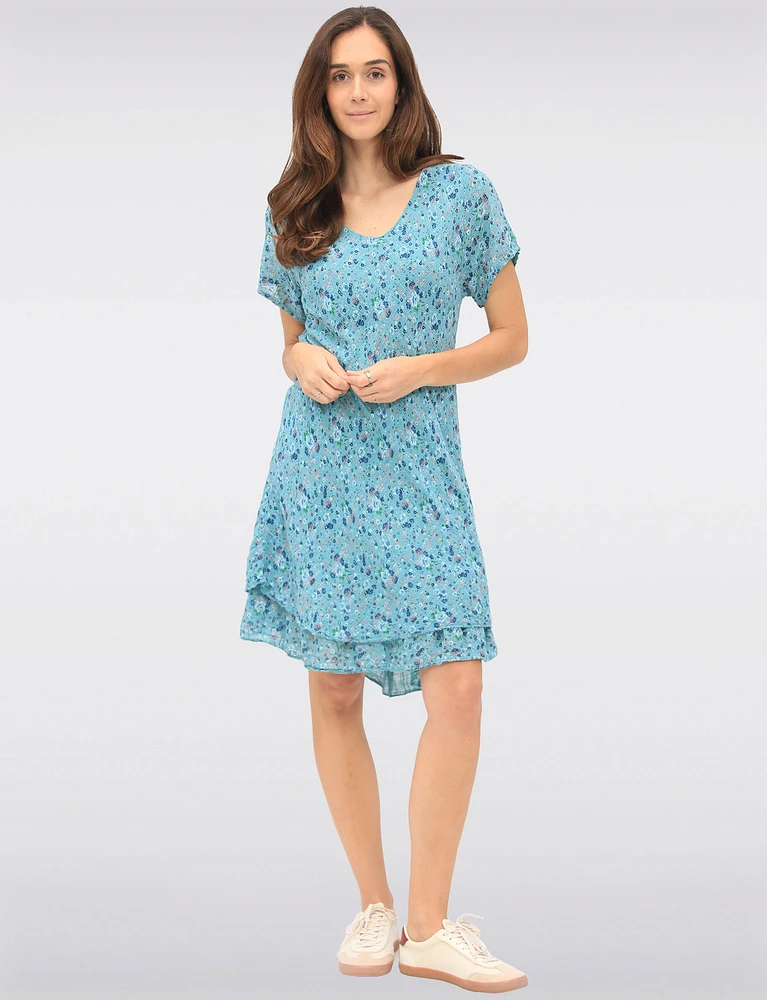 Slim Fit Two-Tiered Short Sleeve Floral Print V-neck Crinkled Dress By Froccella