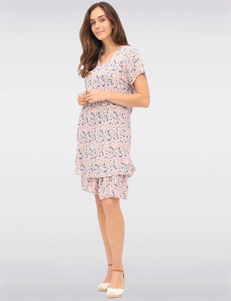 Slim Fit Two-Tiered Short Sleeve Floral Print V-neck Crinkled Dress By Froccella