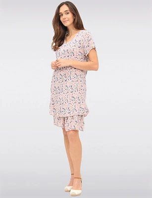 Slim Fit Two-Tiered Short Sleeve Floral Print V-neck Crinkled Dress By Froccella
