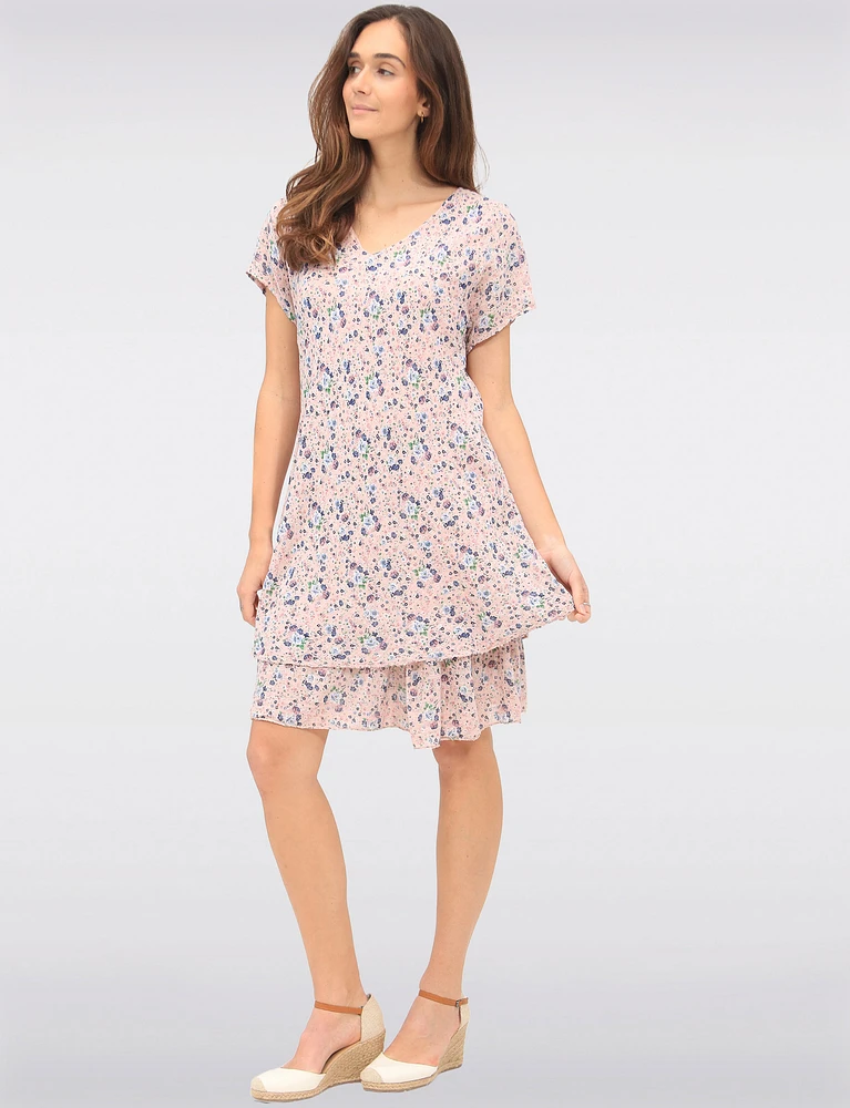 Slim Fit Two-Tiered Short Sleeve Floral Print V-neck Crinkled Dress By Froccella
