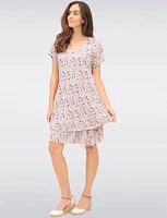 Slim Fit Two-Tiered Short Sleeve Floral Print V-neck Crinkled Dress By Froccella