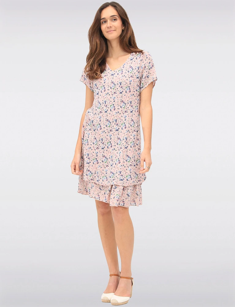 Slim Fit Two-Tiered Short Sleeve Floral Print V-neck Crinkled Dress By Froccella