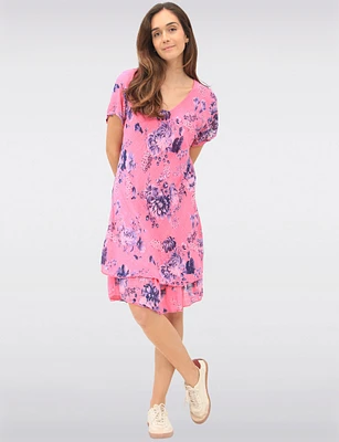 Two-Tiered Short Sleeve Elegant Floral Print V-neck Crinkled Dress By Froccella