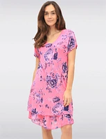 Two-Tiered Short Sleeve Elegant Floral Print V-neck Crinkled Dress By Froccella