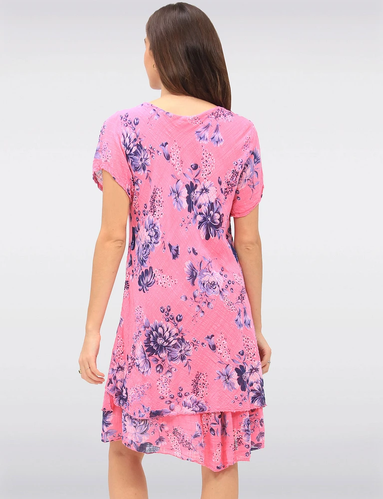 Two-Tiered Short Sleeve Elegant Floral Print V-neck Crinkled Dress By Froccella