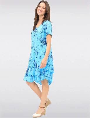 Two-Tiered Short Sleeve Elegant Floral Print V-neck Crinkled Dress By Froccella