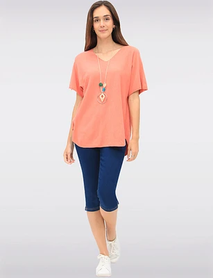 Soft Touch Short Sleeve V-Neck Knit Top with Rounded Hem & Necklace by Froccella