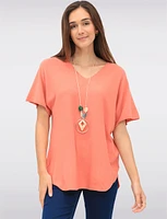 Soft Touch Short Sleeve V-Neck Knit Top with Rounded Hem & Necklace by Froccella