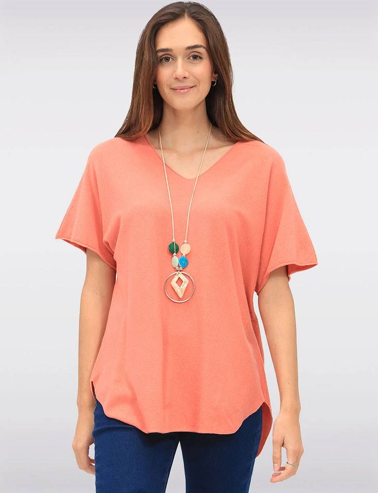 Soft Touch Short Sleeve V-Neck Knit Top with Rounded Hem & Necklace by Froccella