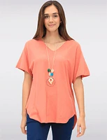 Soft Touch Short Sleeve V-Neck Knit Top with Rounded Hem & Necklace by Froccella
