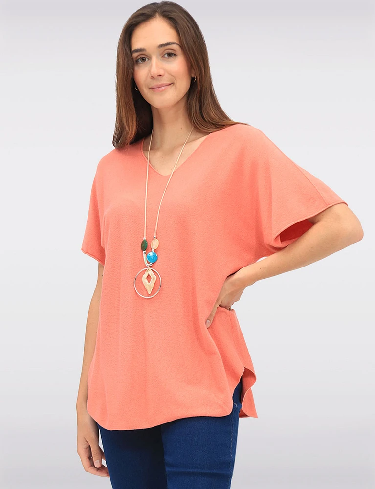 Soft Touch Short Sleeve V-Neck Knit Top with Rounded Hem & Necklace by Froccella