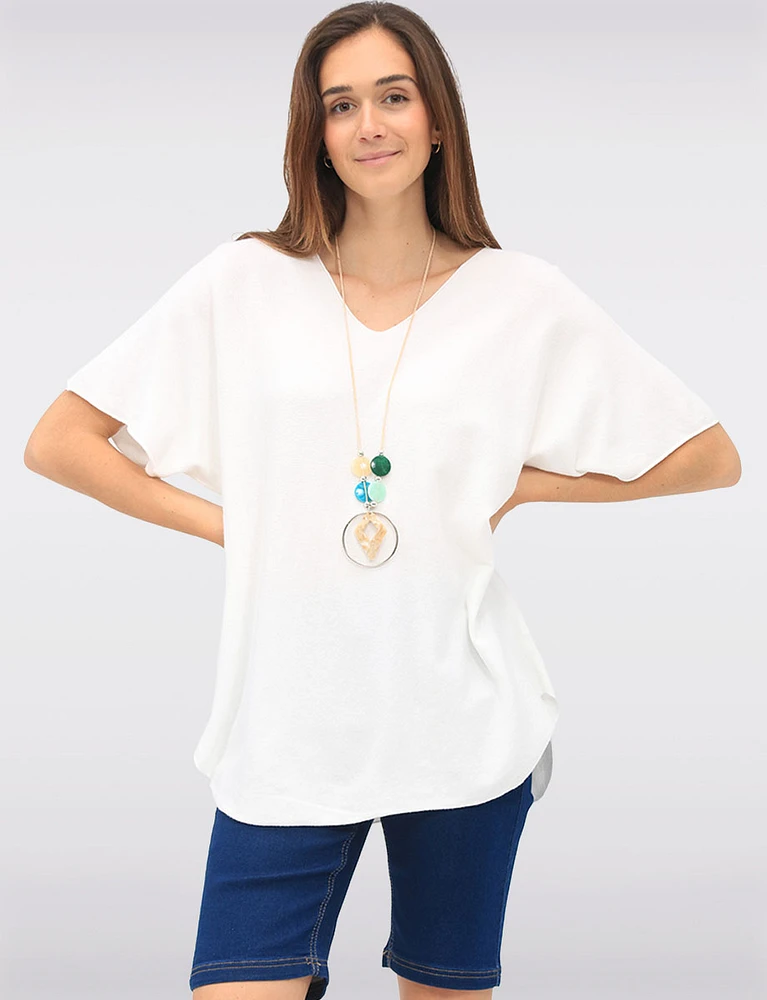 Soft Touch Short Sleeve V-Neck Knit Top with Rounded Hem & Necklace by Froccella