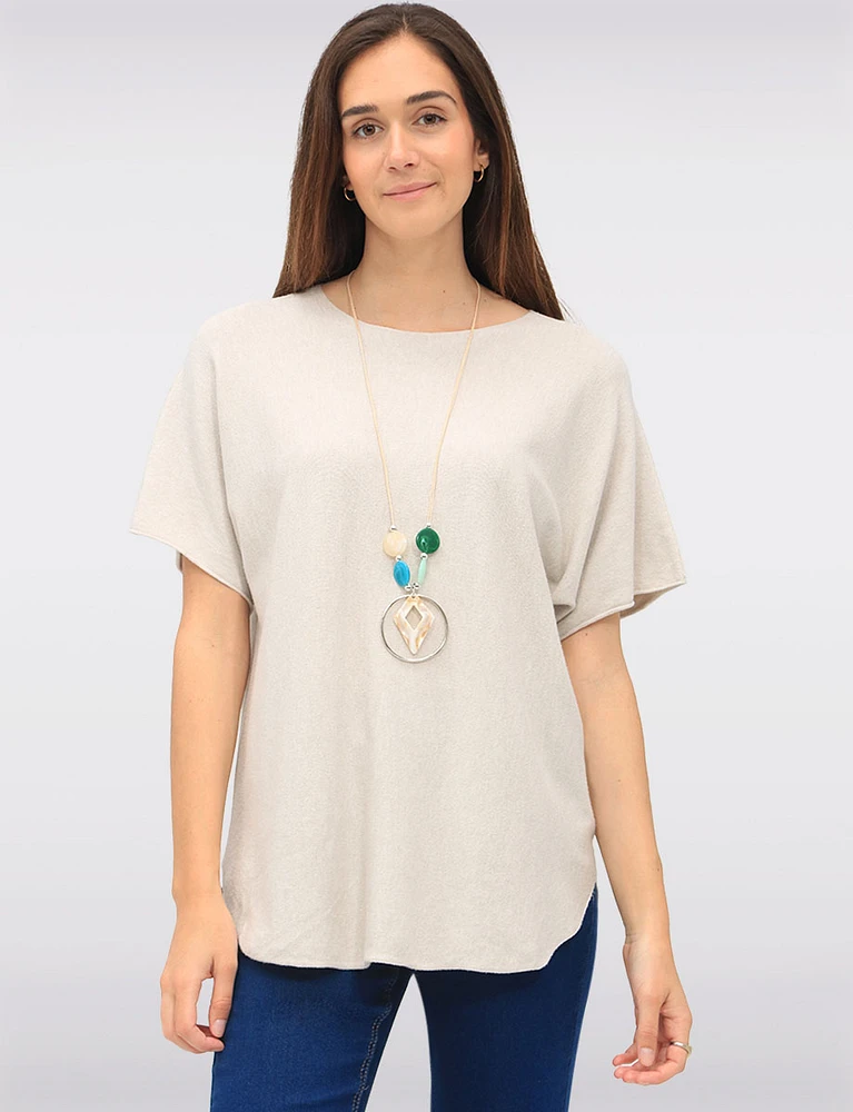 Soft Short Sleeves Round Neck Knit Top with Rounded Hem & Necklace by Froccella