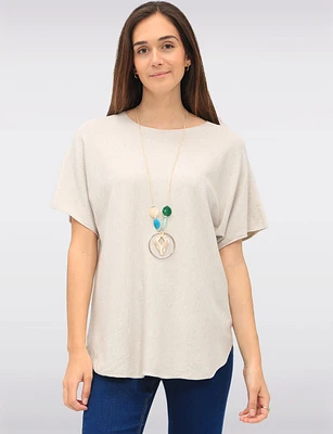Soft Short Sleeves Round Neck Knit Top with Rounded Hem & Necklace by Froccella