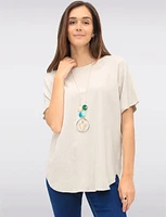 Soft Short Sleeves Round Neck Knit Top with Rounded Hem & Necklace by Froccella