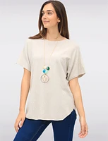 Soft Short Sleeves Round Neck Knit Top with Rounded Hem & Necklace by Froccella