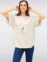 Soft Short Sleeves Round Neck Knit Top with Rounded Hem & Necklace by Froccella