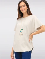 Soft Short Sleeves Round Neck Knit Top with Rounded Hem & Necklace by Froccella