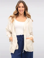 Cozy Crinkled Cotton Hooded Open-Front Shrug with Drawstrings by Froccella