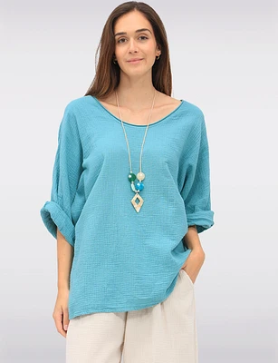 V-Neck 3/4 Sleeve Crinkled Cotton Loose Fit Top with Necklace by Froccella