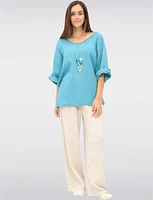 V-Neck 3/4 Sleeve Crinkled Cotton Loose Fit Top with Necklace by Froccella