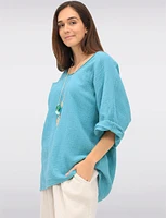V-Neck 3/4 Sleeve Crinkled Cotton Loose Fit Top with Necklace by Froccella