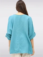 V-Neck 3/4 Sleeve Crinkled Cotton Loose Fit Top with Necklace by Froccella
